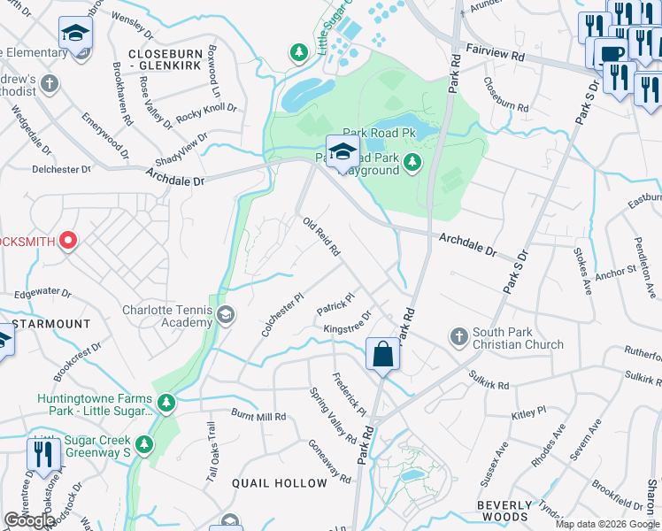 map of restaurants, bars, coffee shops, grocery stores, and more near 5913 Colchester Place in Charlotte