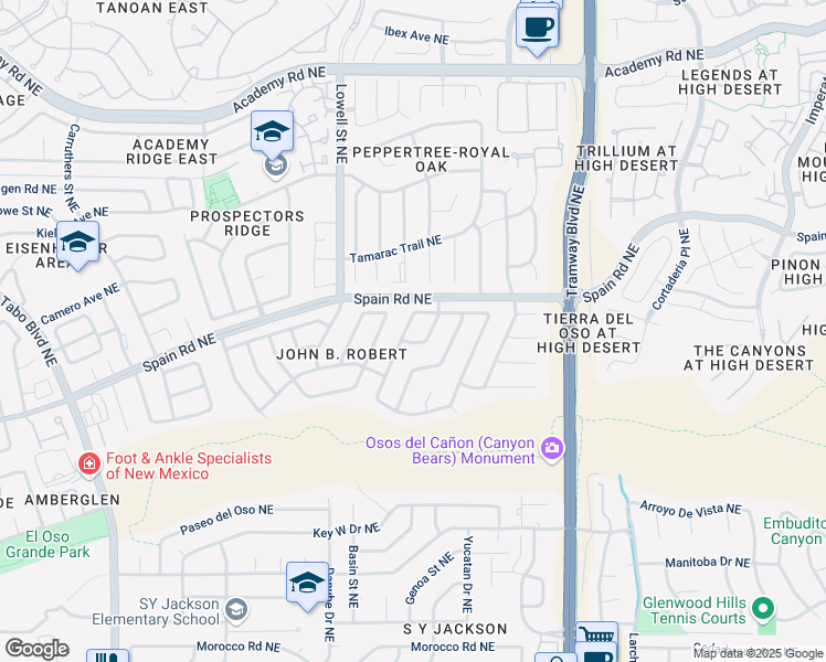 map of restaurants, bars, coffee shops, grocery stores, and more near 5500 Vía Conejo Northeast in Albuquerque