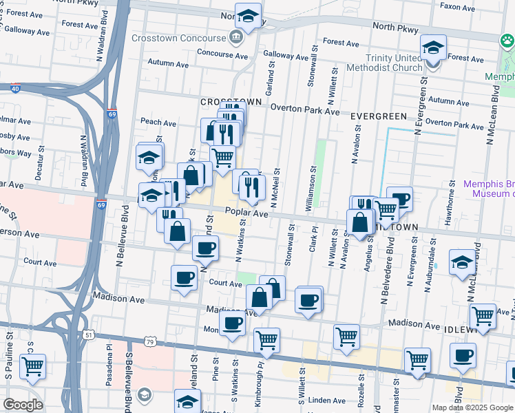 map of restaurants, bars, coffee shops, grocery stores, and more near in Memphis