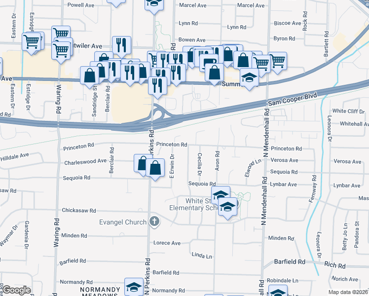 map of restaurants, bars, coffee shops, grocery stores, and more near 454 East Erwin Drive in Memphis