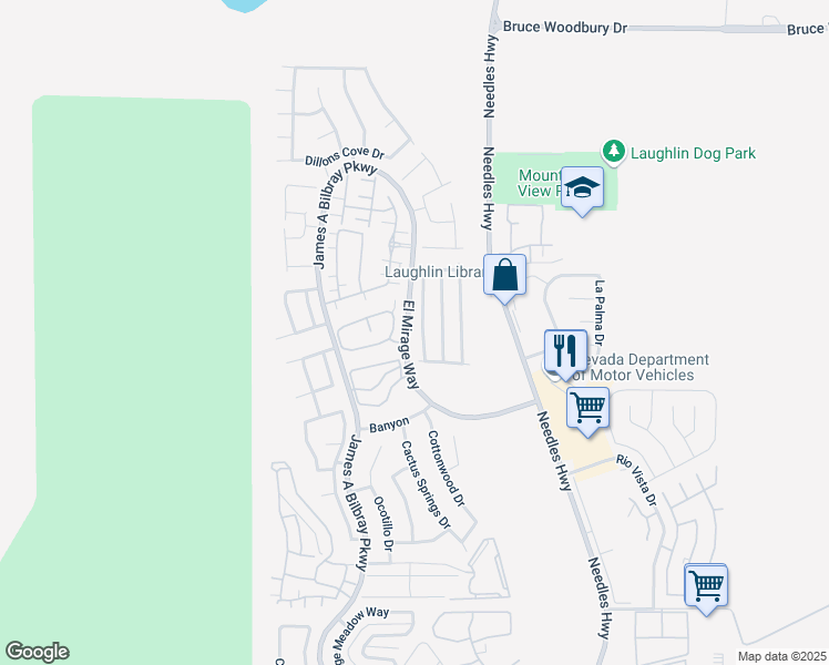 map of restaurants, bars, coffee shops, grocery stores, and more near 2915 Rippling Springs Street in Laughlin