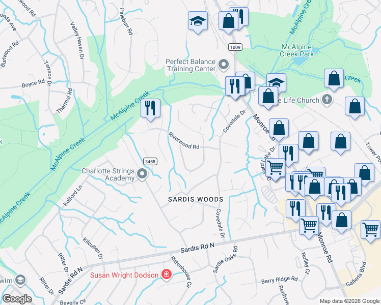 map of restaurants, bars, coffee shops, grocery stores, and more near 7601 Surreywood Place in Charlotte