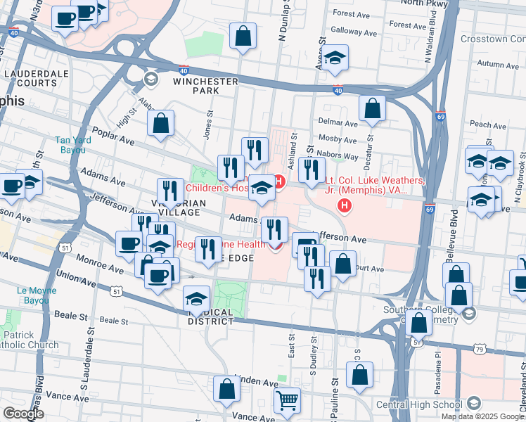 map of restaurants, bars, coffee shops, grocery stores, and more near 50 North Dunlap Street in Memphis