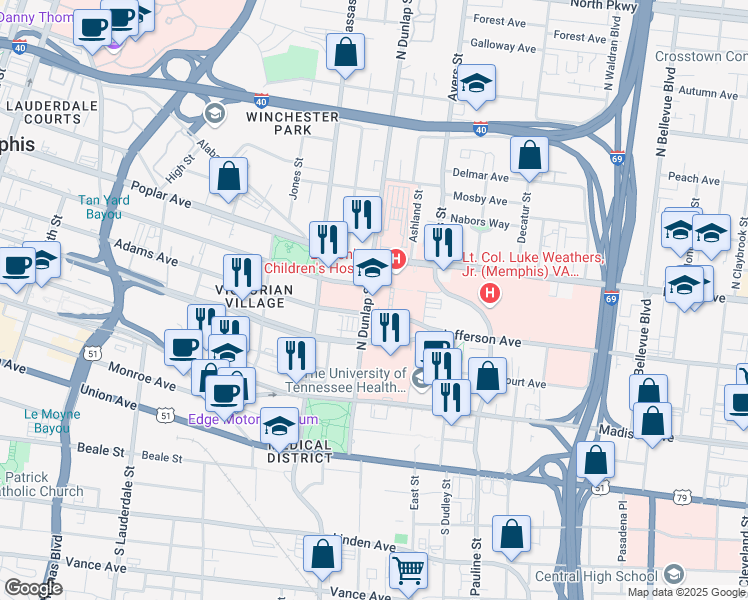 map of restaurants, bars, coffee shops, grocery stores, and more near 50 North Dunlap Street in Memphis