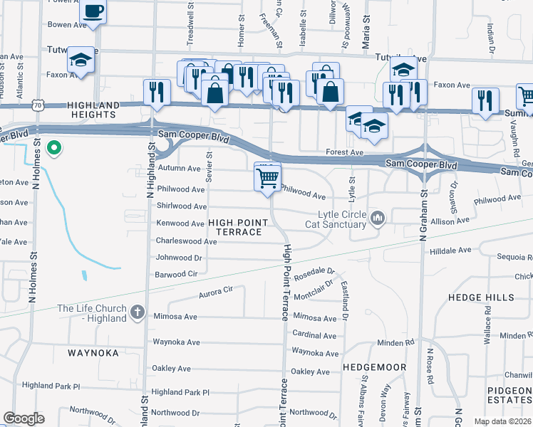 map of restaurants, bars, coffee shops, grocery stores, and more near 3705 Shirlwood Avenue in Memphis