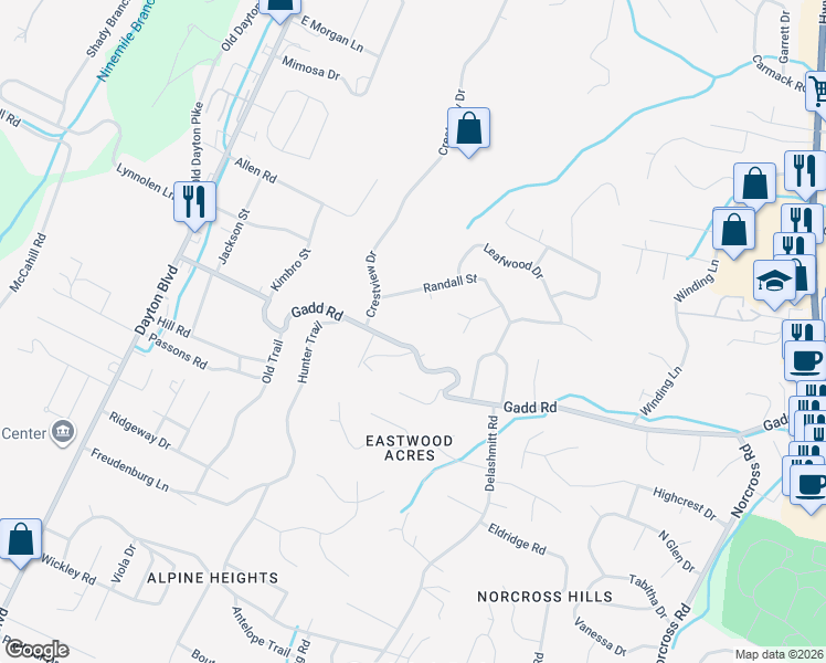 map of restaurants, bars, coffee shops, grocery stores, and more near 525 Gadd Road in Chattanooga
