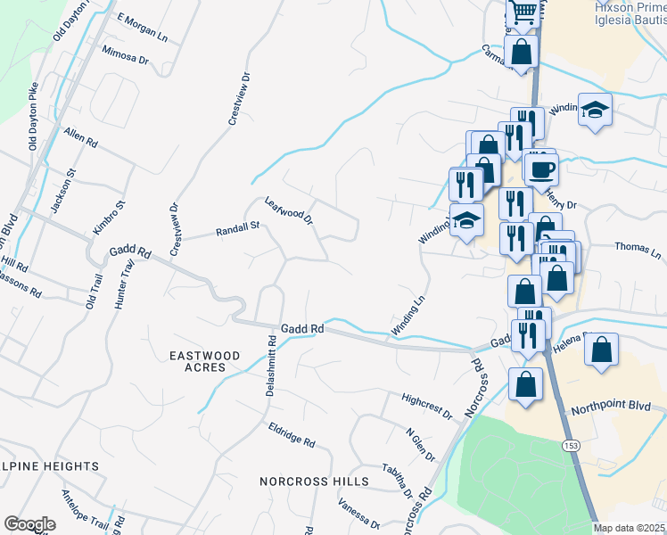 map of restaurants, bars, coffee shops, grocery stores, and more near 520 Briar Park Lane in Chattanooga