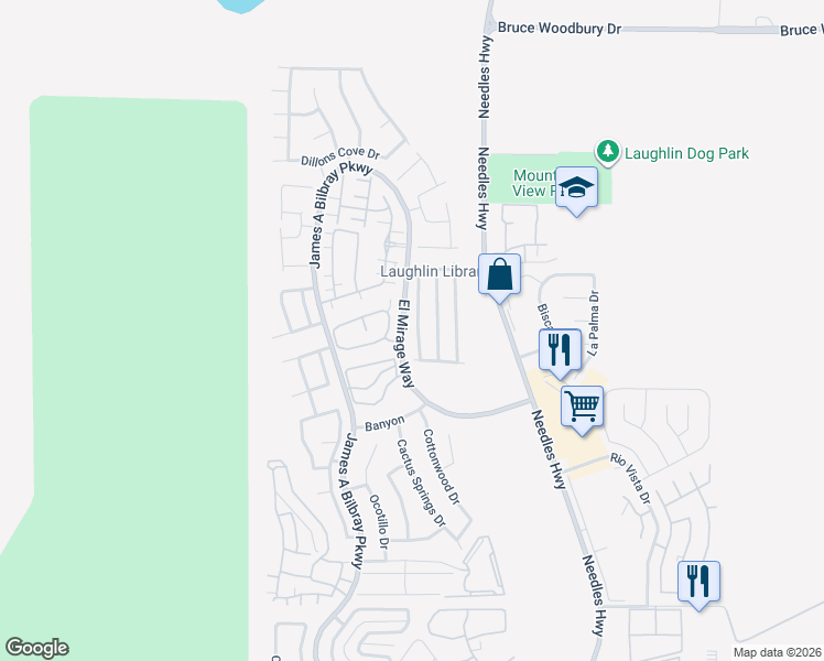 map of restaurants, bars, coffee shops, grocery stores, and more near 2915 Rippling Springs Street in Laughlin