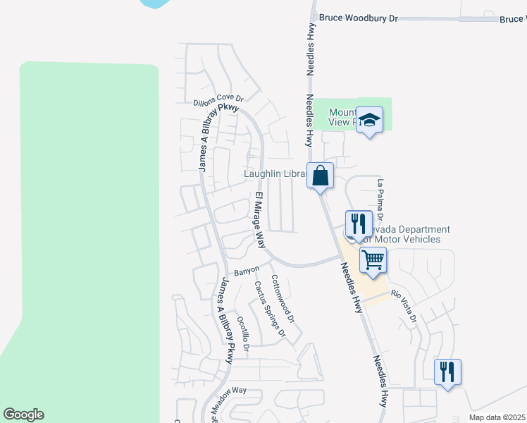 map of restaurants, bars, coffee shops, grocery stores, and more near 2915 Rippling Springs Street in Laughlin