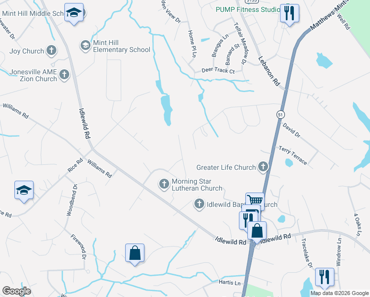 map of restaurants, bars, coffee shops, grocery stores, and more near 3633 Dandridge Crescent in Matthews