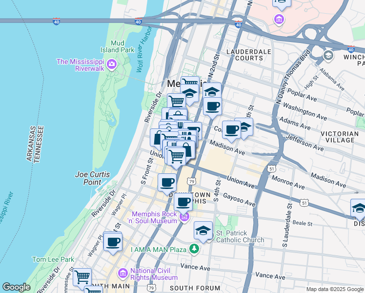 map of restaurants, bars, coffee shops, grocery stores, and more near in Memphis