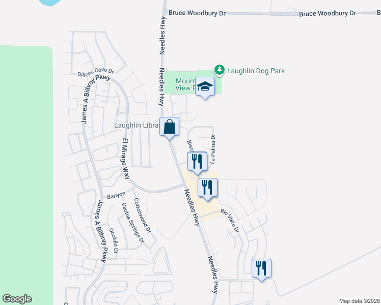 map of restaurants, bars, coffee shops, grocery stores, and more near 2855 Needles Highway in Laughlin