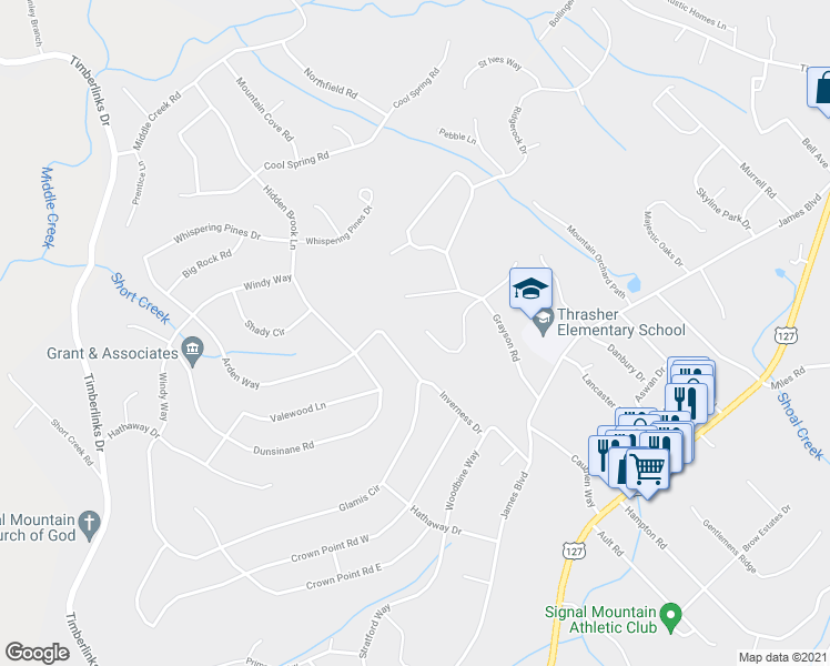 map of restaurants, bars, coffee shops, grocery stores, and more near 1118 Applewood Circle in Signal Mountain