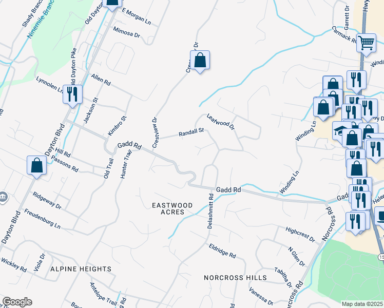 map of restaurants, bars, coffee shops, grocery stores, and more near 501 North Haven Lane in Chattanooga