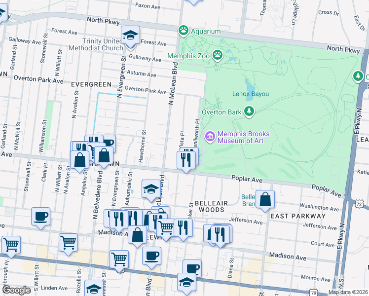 map of restaurants, bars, coffee shops, grocery stores, and more near 220 Buena Vista Place in Memphis