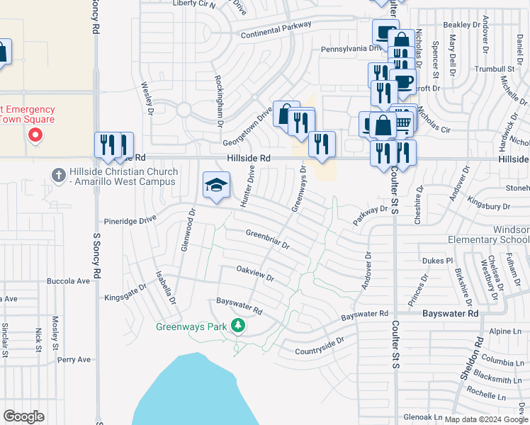 map of restaurants, bars, coffee shops, grocery stores, and more near 7900 Pineridge Drive in Amarillo