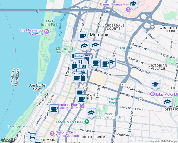 map of restaurants, bars, coffee shops, grocery stores, and more near 165 Madison Avenue in Memphis