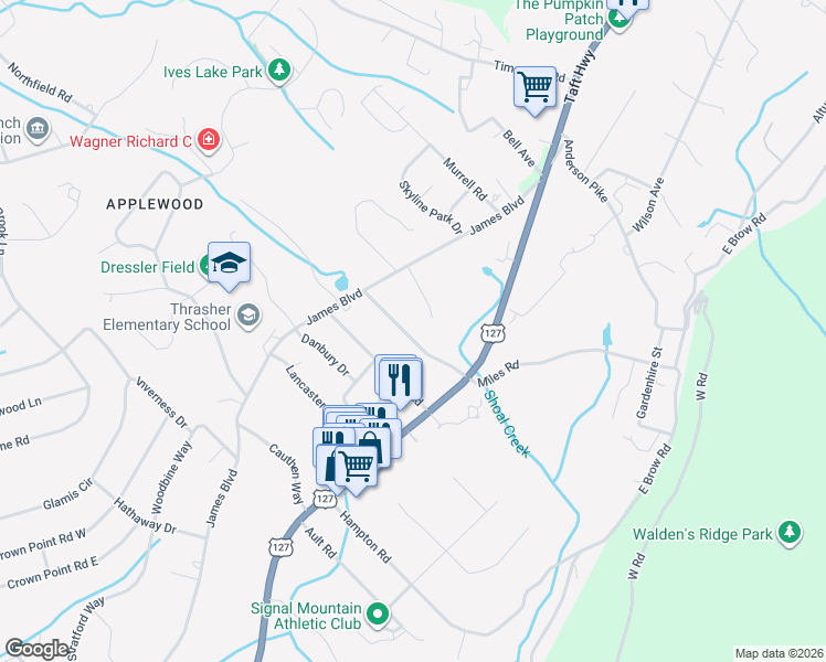 map of restaurants, bars, coffee shops, grocery stores, and more near 798-600 Miles Road in Signal Mountain
