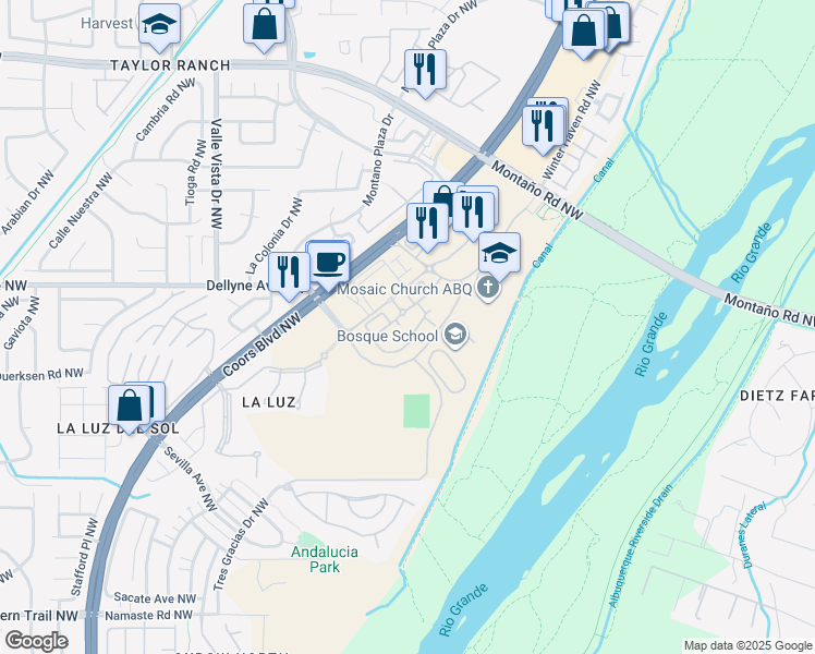 map of restaurants, bars, coffee shops, grocery stores, and more near 5300 Antequera Road Northwest in Albuquerque