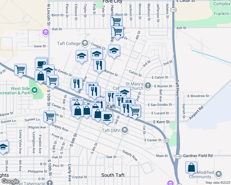 map of restaurants, bars, coffee shops, grocery stores, and more near 321 San Emidio Street in Taft