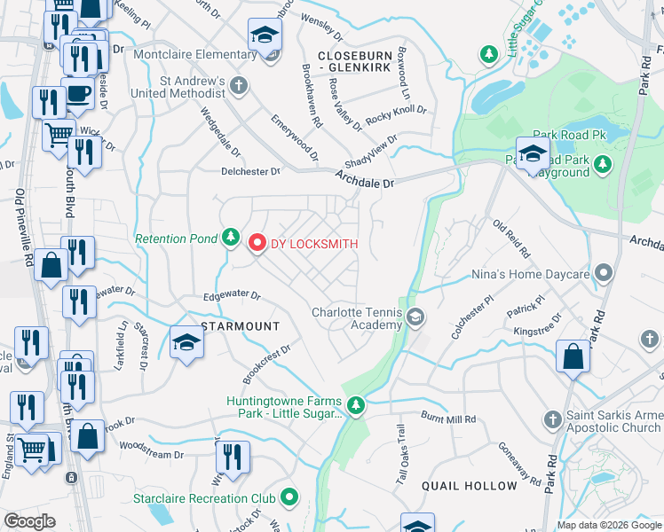 map of restaurants, bars, coffee shops, grocery stores, and more near 6404 Silver Star Lane in Charlotte