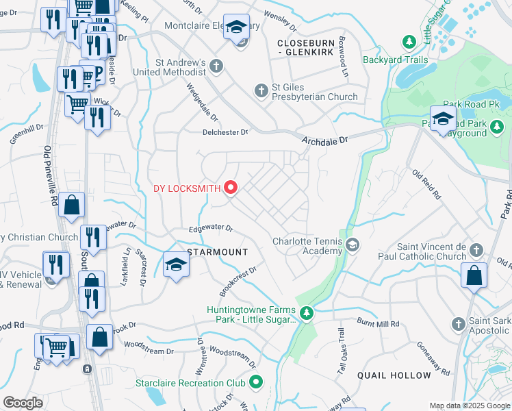 map of restaurants, bars, coffee shops, grocery stores, and more near 3738 Park South Station Boulevard in Charlotte