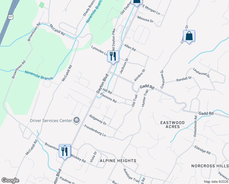 map of restaurants, bars, coffee shops, grocery stores, and more near 117 Passons Road in Chattanooga