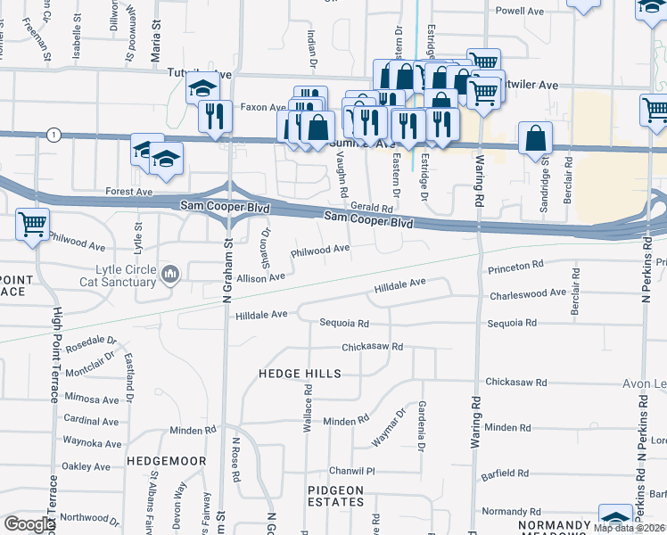 map of restaurants, bars, coffee shops, grocery stores, and more near 453 Gerald Road in Memphis