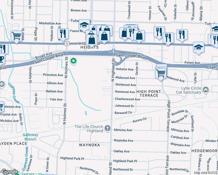 map of restaurants, bars, coffee shops, grocery stores, and more near 418 North Highland Street in Memphis