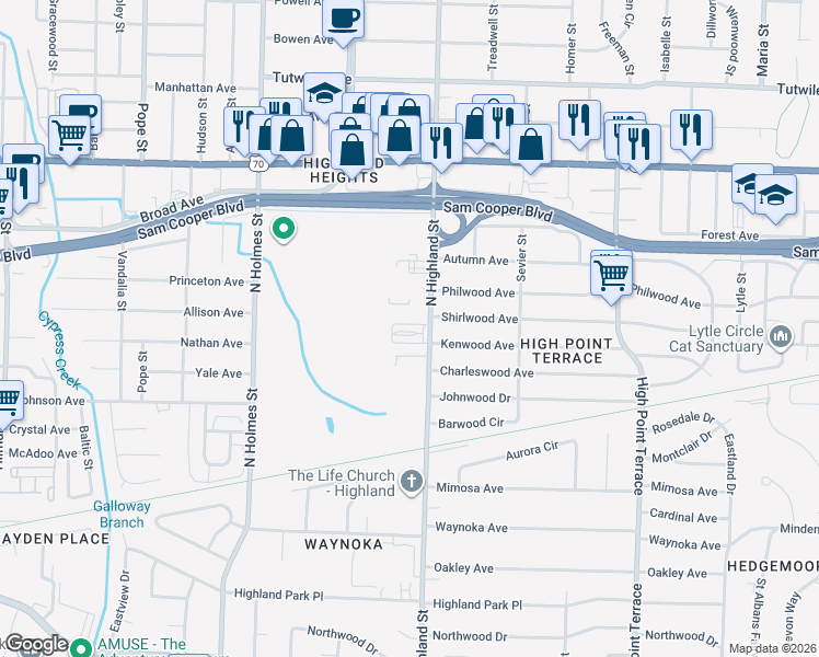map of restaurants, bars, coffee shops, grocery stores, and more near 3448 Kel Creek Cove in Memphis