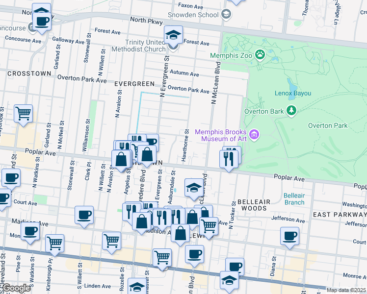 map of restaurants, bars, coffee shops, grocery stores, and more near 207 Hawthorne Street in Memphis
