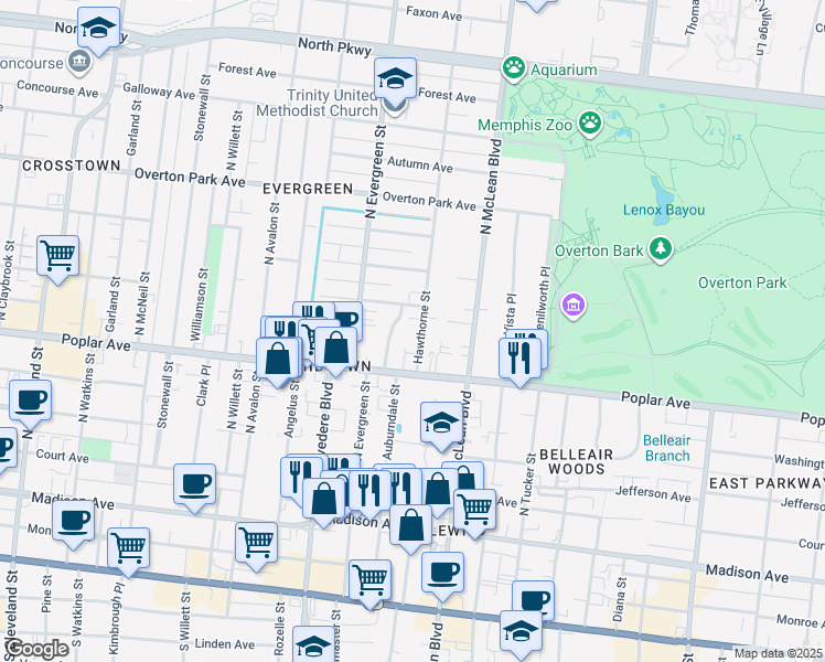 map of restaurants, bars, coffee shops, grocery stores, and more near 207 Hawthorne Street in Memphis
