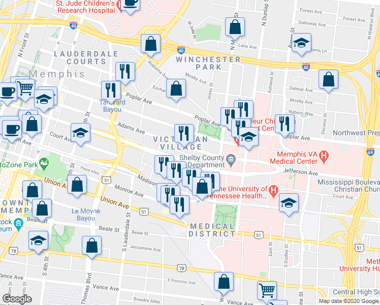 map of restaurants, bars, coffee shops, grocery stores, and more near in Memphis