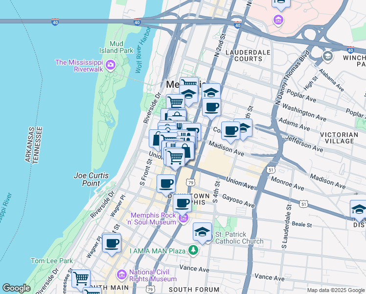 map of restaurants, bars, coffee shops, grocery stores, and more near in Memphis