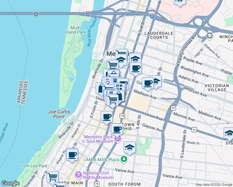 map of restaurants, bars, coffee shops, grocery stores, and more near in Memphis