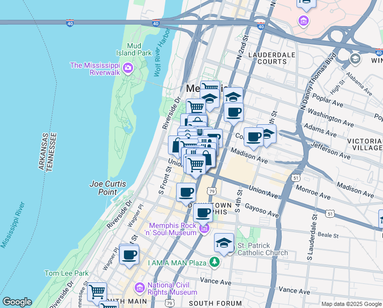 map of restaurants, bars, coffee shops, grocery stores, and more near in Memphis