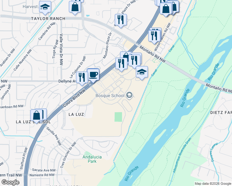 map of restaurants, bars, coffee shops, grocery stores, and more near 5300 Antequera Road Northwest in Albuquerque