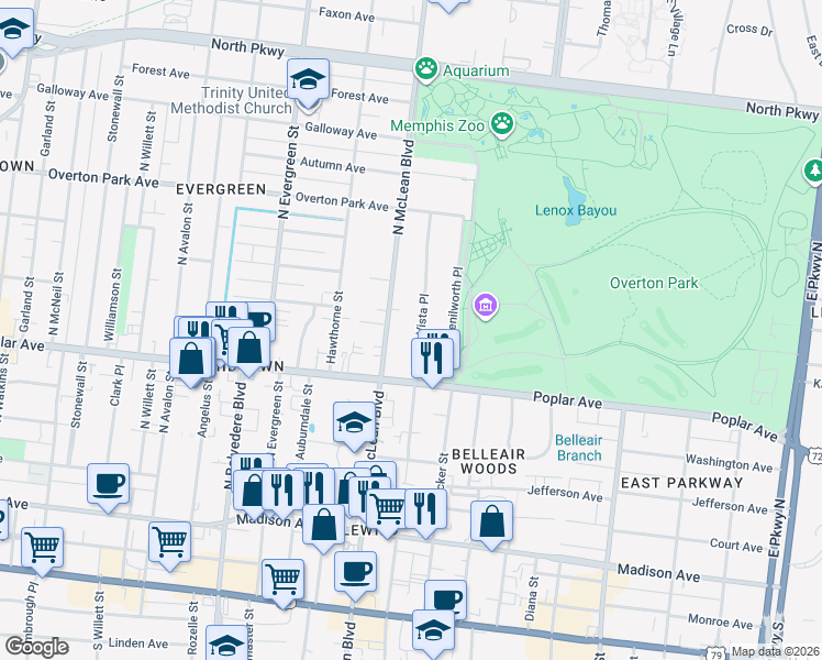 map of restaurants, bars, coffee shops, grocery stores, and more near 220 North McLean Boulevard in Memphis