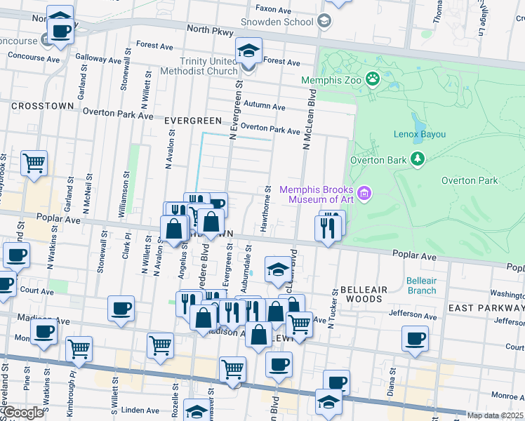 map of restaurants, bars, coffee shops, grocery stores, and more near 207 Hawthorne Street in Memphis