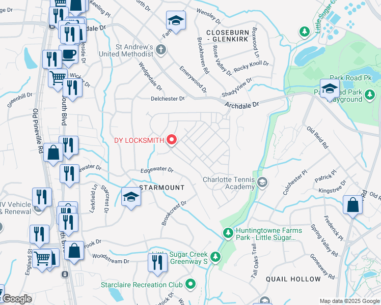 map of restaurants, bars, coffee shops, grocery stores, and more near 3738 Park South Station Boulevard in Charlotte