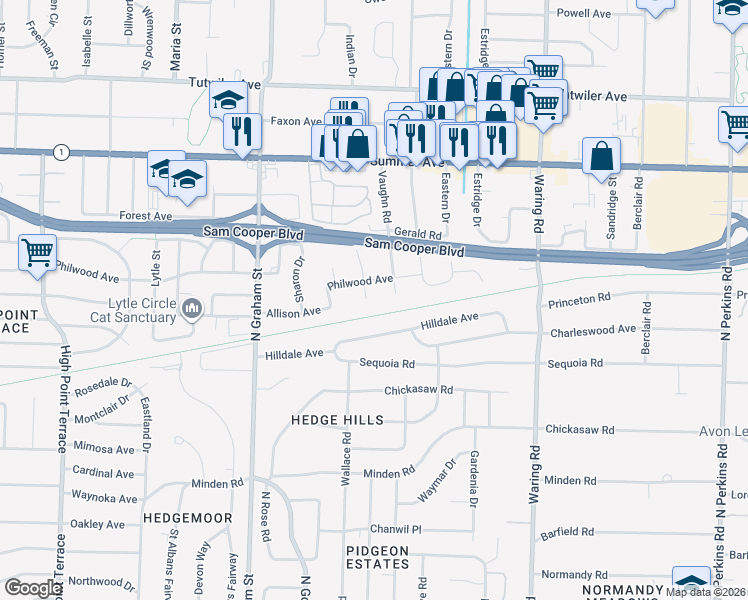 map of restaurants, bars, coffee shops, grocery stores, and more near 453 Gerald Road in Memphis