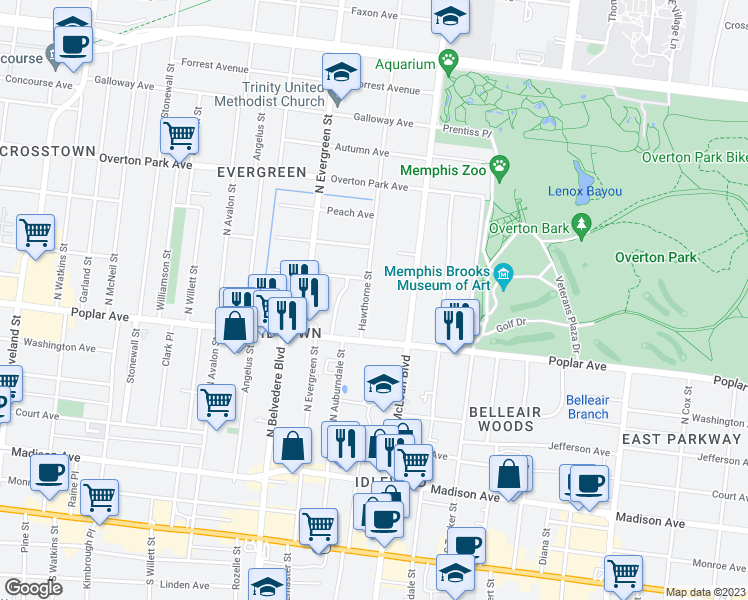 map of restaurants, bars, coffee shops, grocery stores, and more near 234 Hawthorne St in Memphis