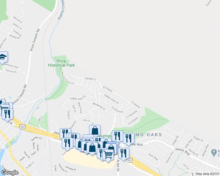 map of restaurants, bars, coffee shops, grocery stores, and more near 96 El Viento in Pismo Beach