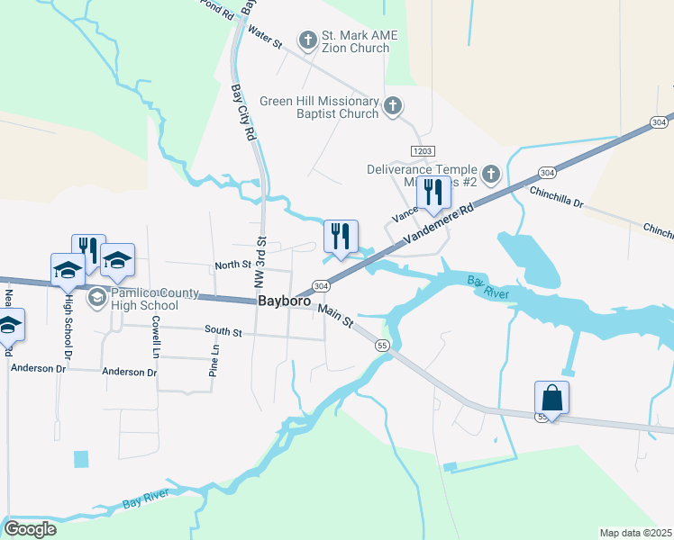 map of restaurants, bars, coffee shops, grocery stores, and more near 208 Vandemere Road in Bayboro