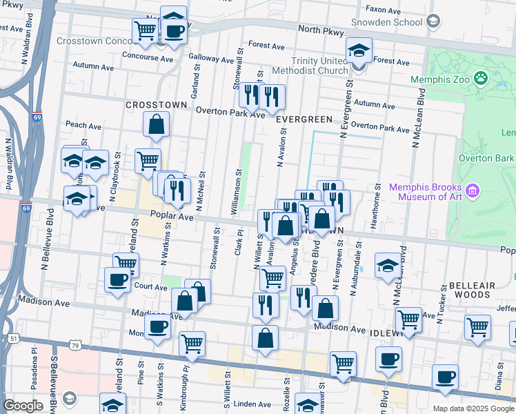 map of restaurants, bars, coffee shops, grocery stores, and more near 218 North Willett Street in Memphis