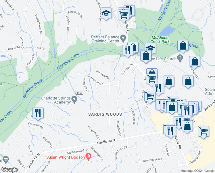 map of restaurants, bars, coffee shops, grocery stores, and more near 7741 Surreywood Place in Charlotte
