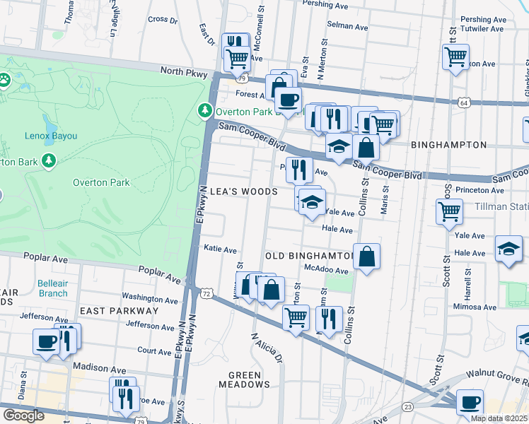 map of restaurants, bars, coffee shops, grocery stores, and more near 317 North Hollywood Street in Memphis