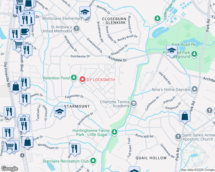 map of restaurants, bars, coffee shops, grocery stores, and more near 6404 Silver Star Lane in Charlotte