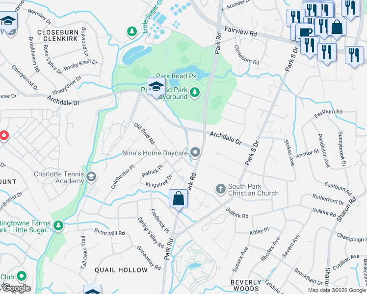 map of restaurants, bars, coffee shops, grocery stores, and more near 6807 Sunview Drive in Charlotte