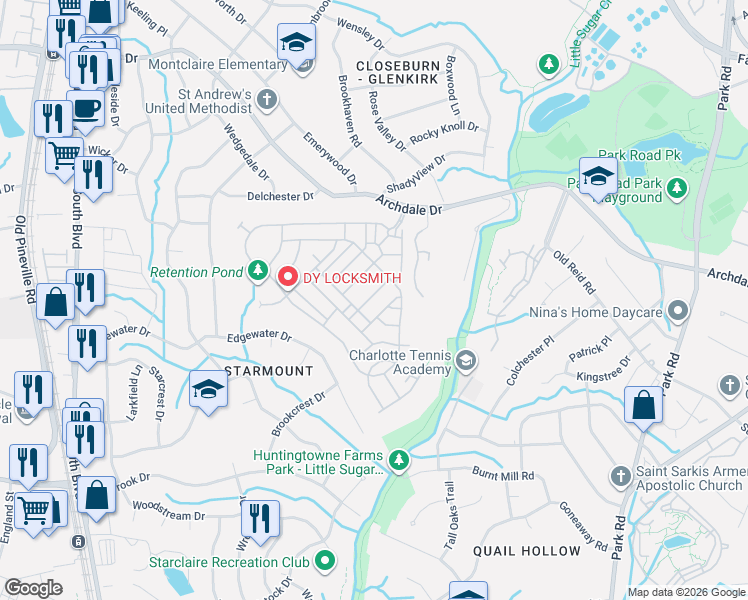 map of restaurants, bars, coffee shops, grocery stores, and more near 6404 Silver Star Lane in Charlotte